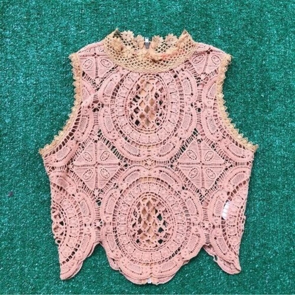 Banjul Mustard Crochet Crop Top Sleeveless Sheer Top Size S